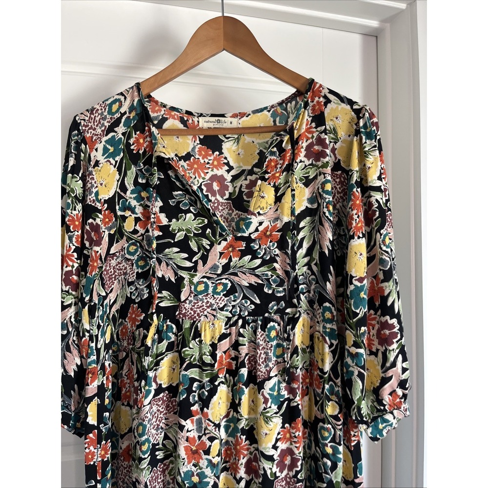 Natural Life Black Floral Tiered Maxi Dress  Necktie  Cottage Core Boho Chic  M - Picture 8 of 13